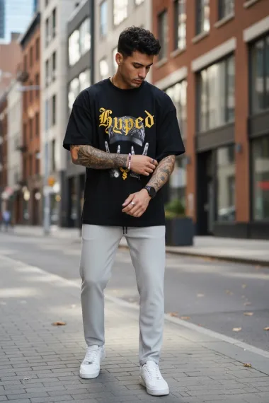 Tricou barbati negru, cu imprimeu, oversize Y171 33-5.1